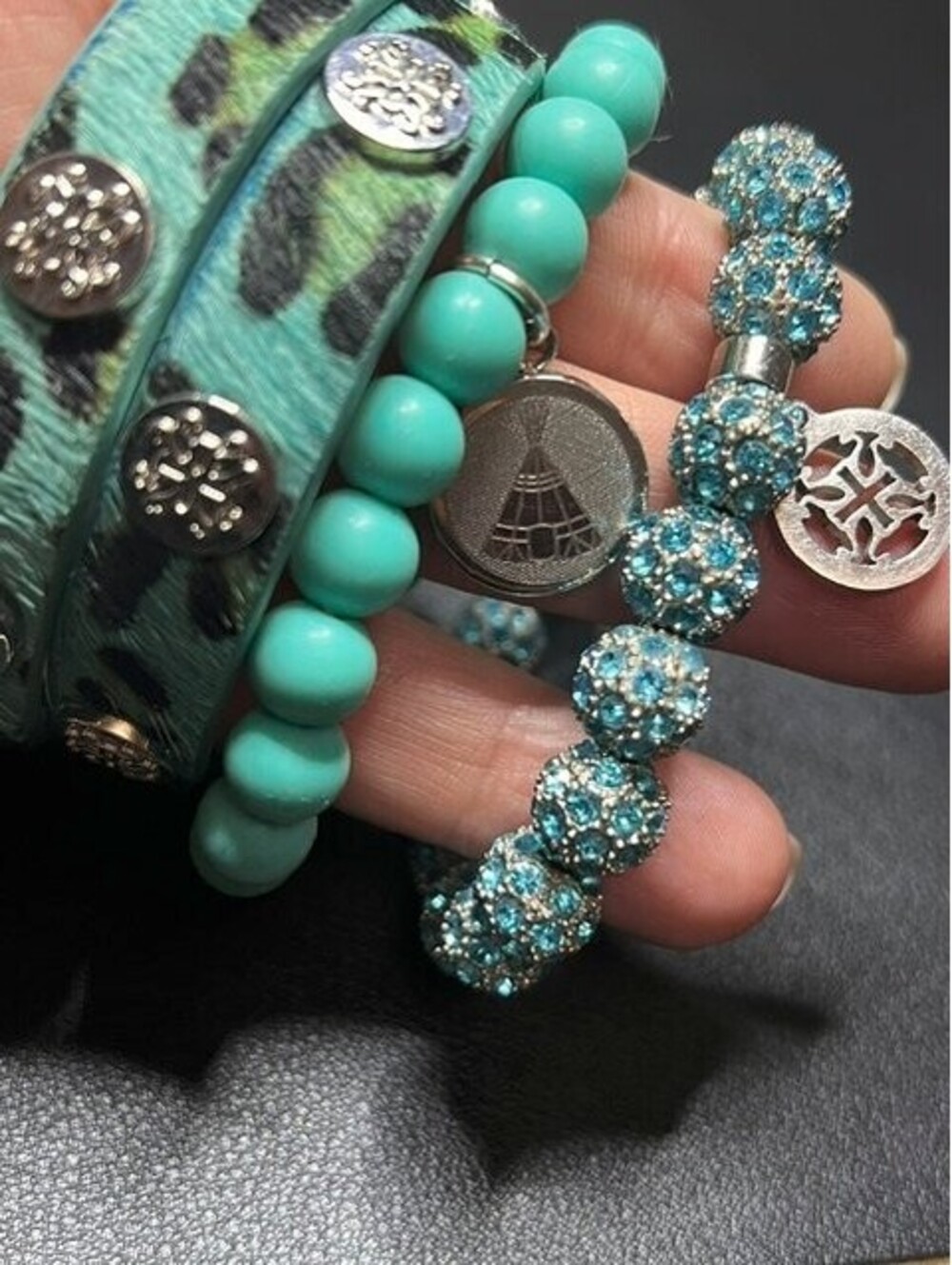 B66231 3pc Rustic Cuff Turquoise Animal Beaded Crystal Charm Bracelet Stack